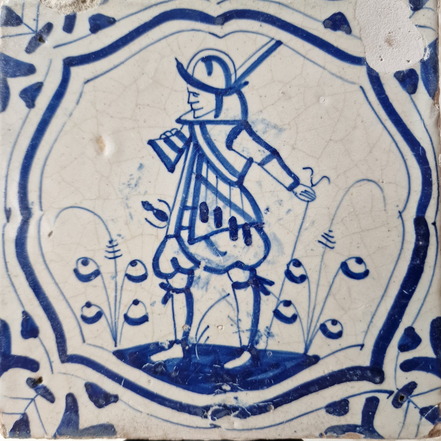 Antique Delft Blue Tile, Dutch Soldier, ca 1625