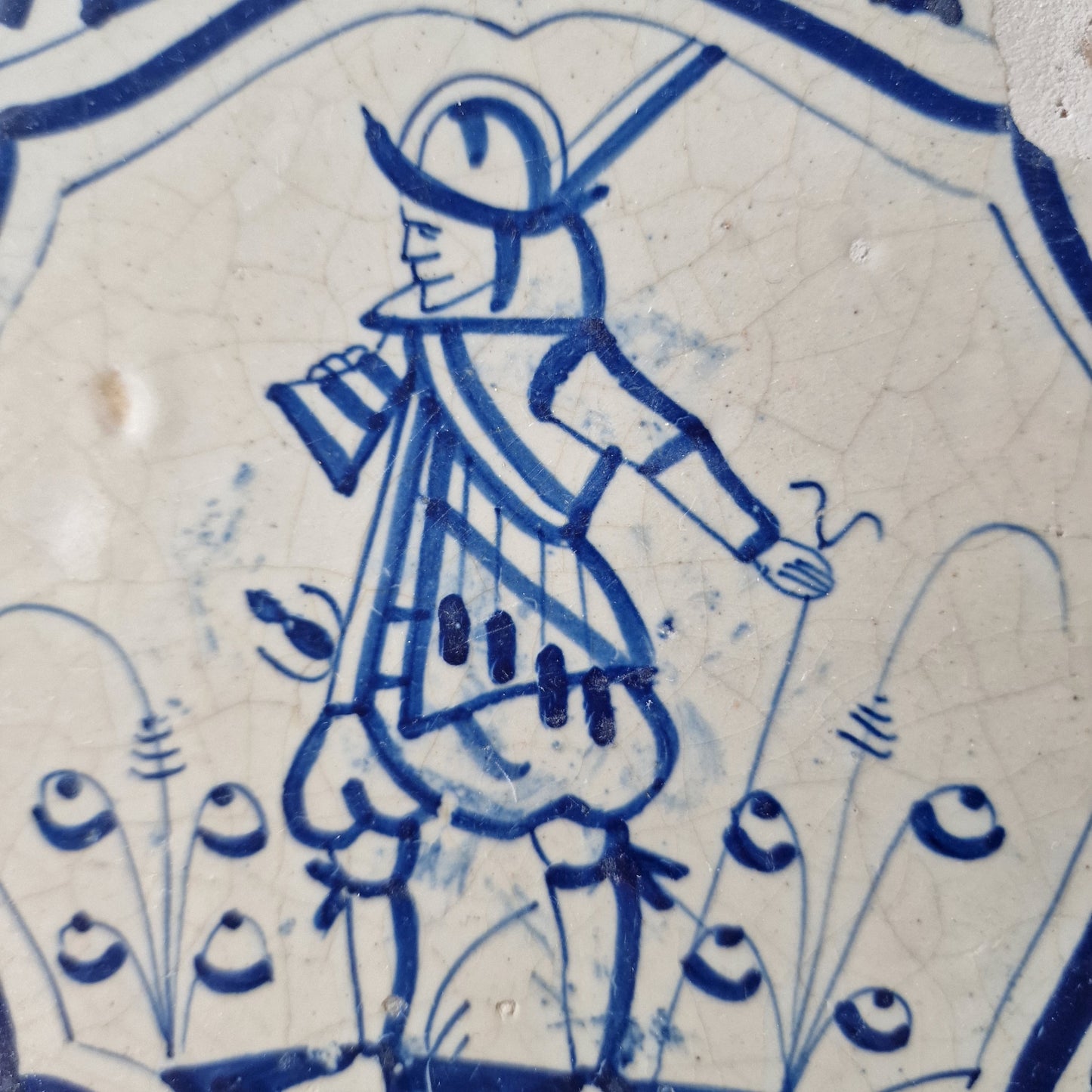 Antique Delft Blue Tile, Dutch Soldier, ca 1625