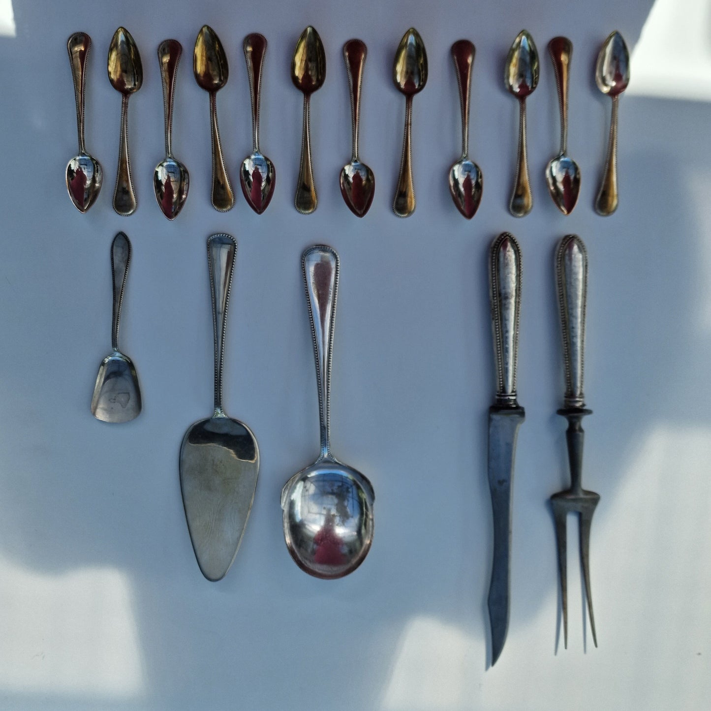 Antique Silvered Cutlery Set, Dutch Aristocratic Pearle Edge, ca 1900