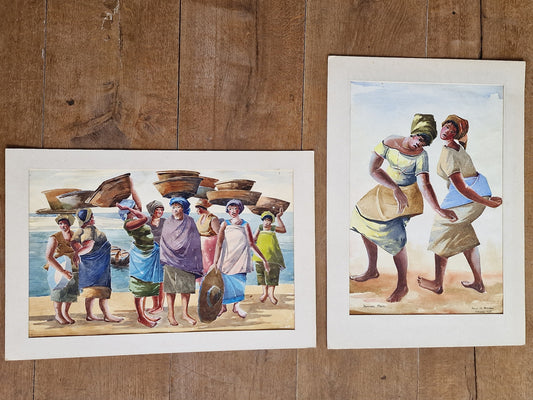 Philip Morland Amonoo, Dancing Maids Watercolor, 1981