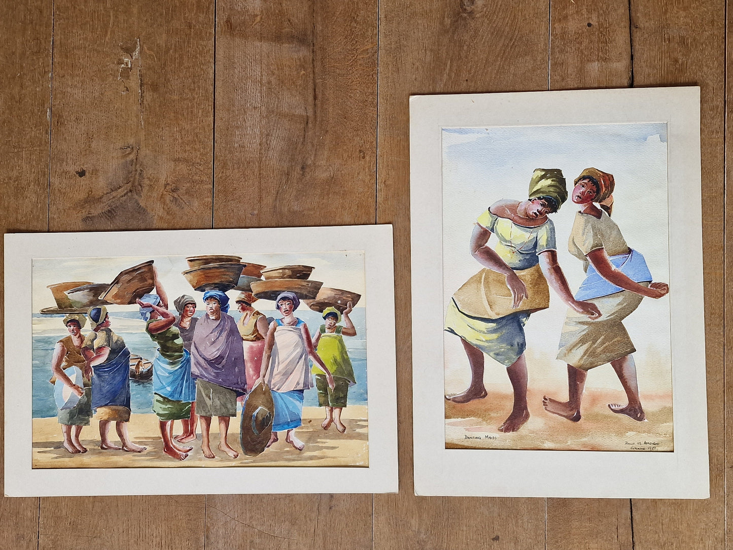Philip Morland Amonoo, Dancing Maids Watercolor, 1981