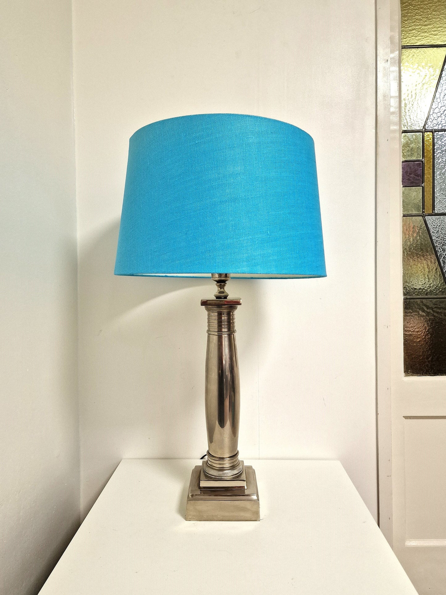 Silver-Plated Neoclassical Table Lamps, Blue Hood, Williams Sheffield, XL