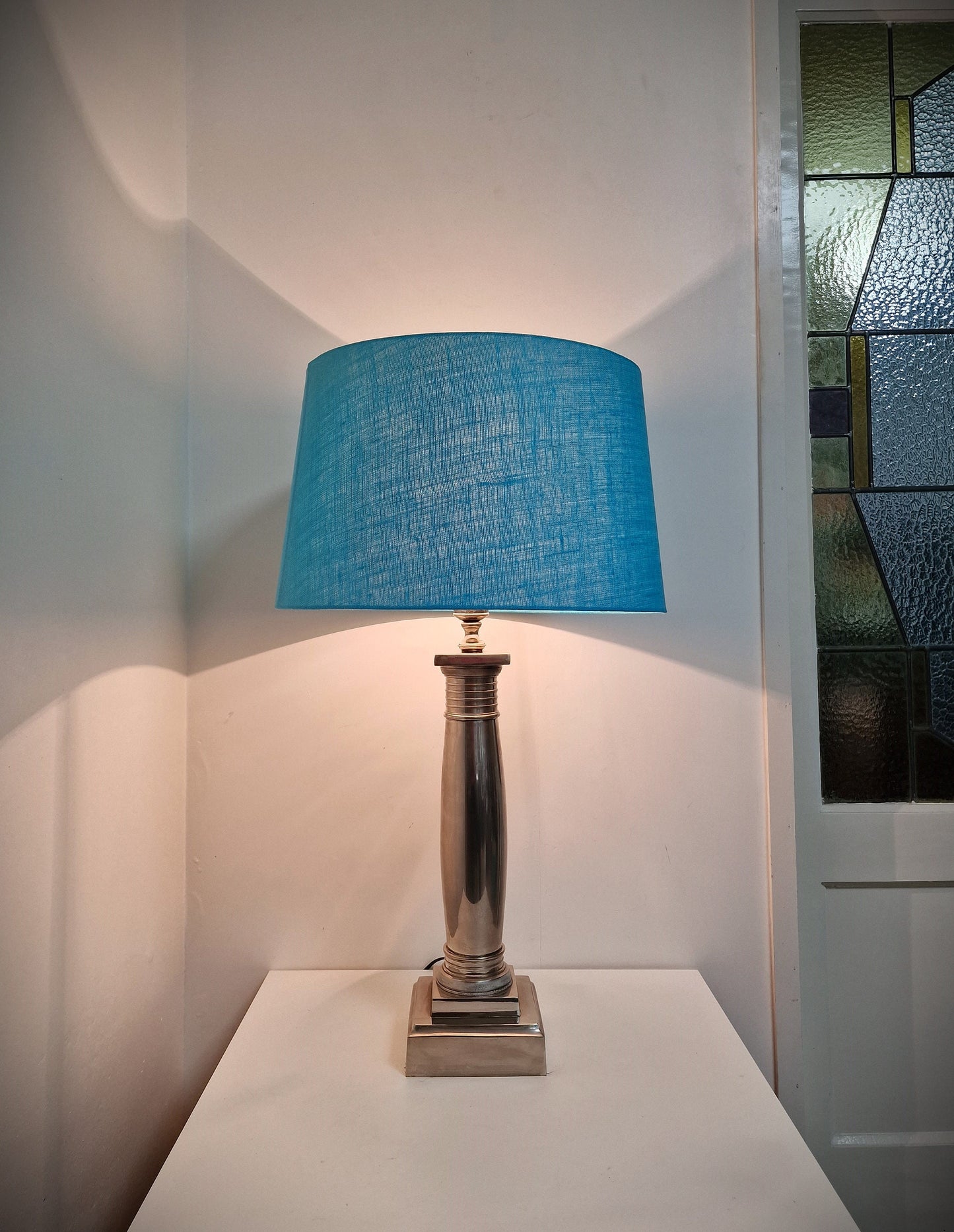 Silver-Plated Neoclassical Table Lamps, Blue Hood, Williams Sheffield, XL