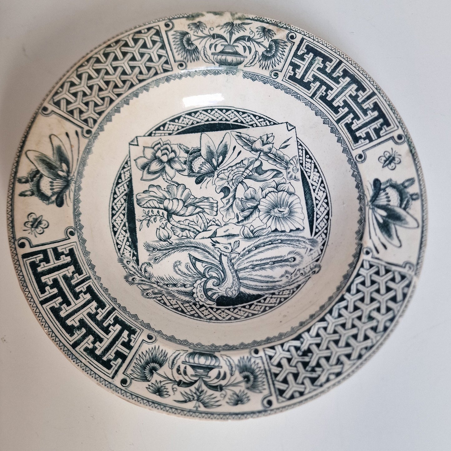 Antique Scottish Transferware Plate, Chinoiserie Peacock Dish, 1890