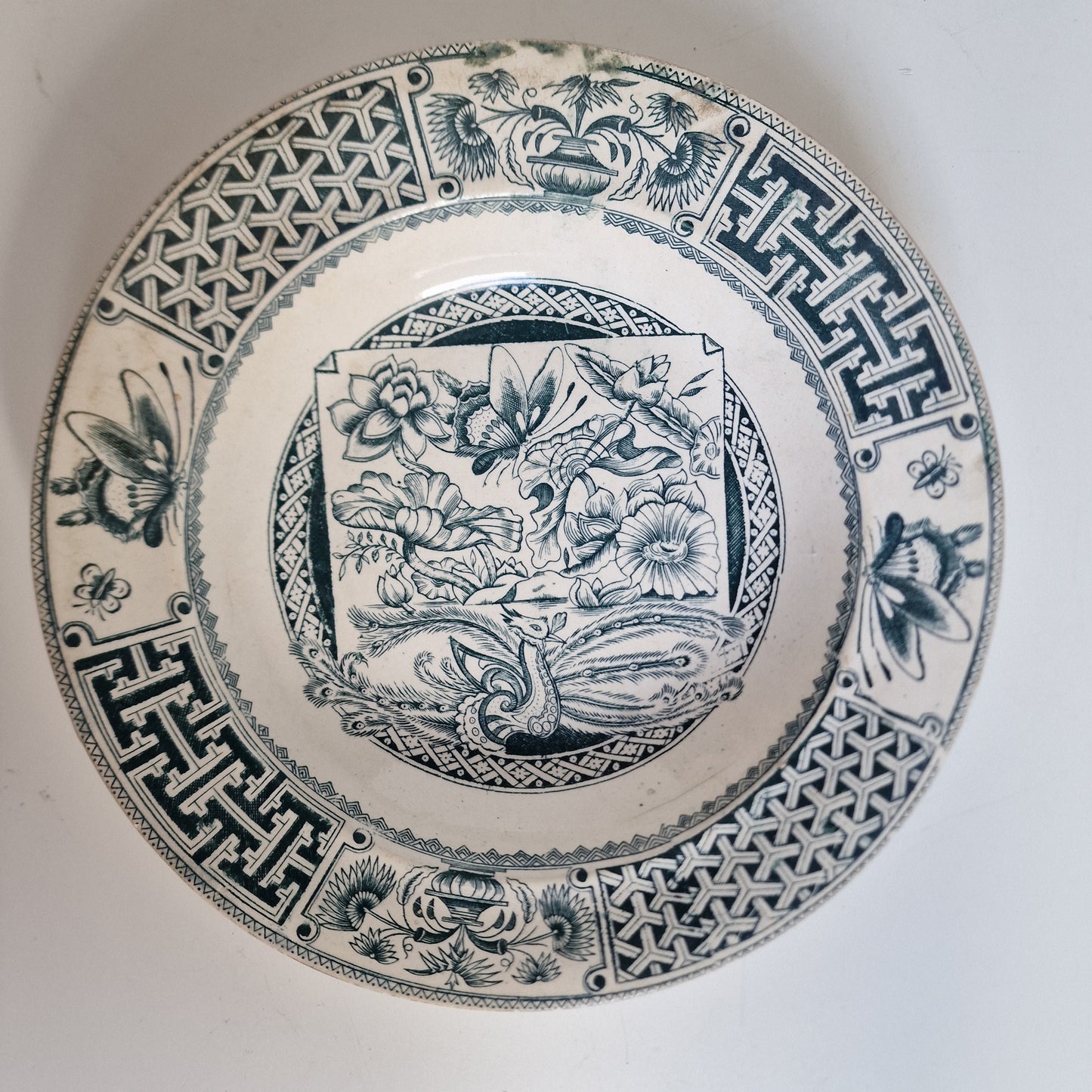 Antique Scottish Transferware Plate, Chinoiserie Peacock Dish, 1890