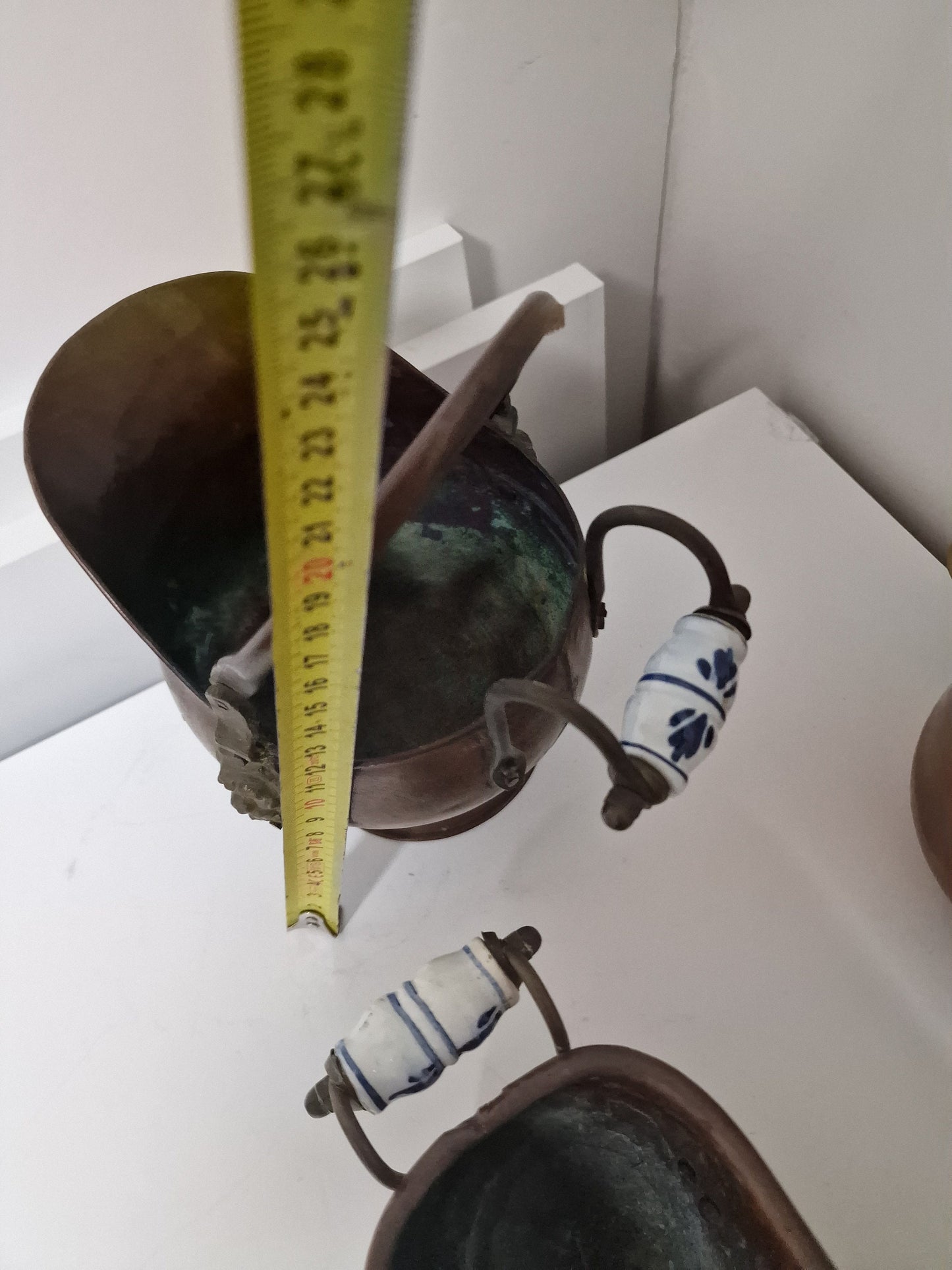 Antique Copper Jardiniere Set, Delft Porcelain Handles, Dutch Planter