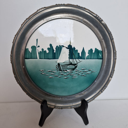 Tegel dienblad,  Art Nouveau, Nederland, met porseleinen blad en tinnen rand,