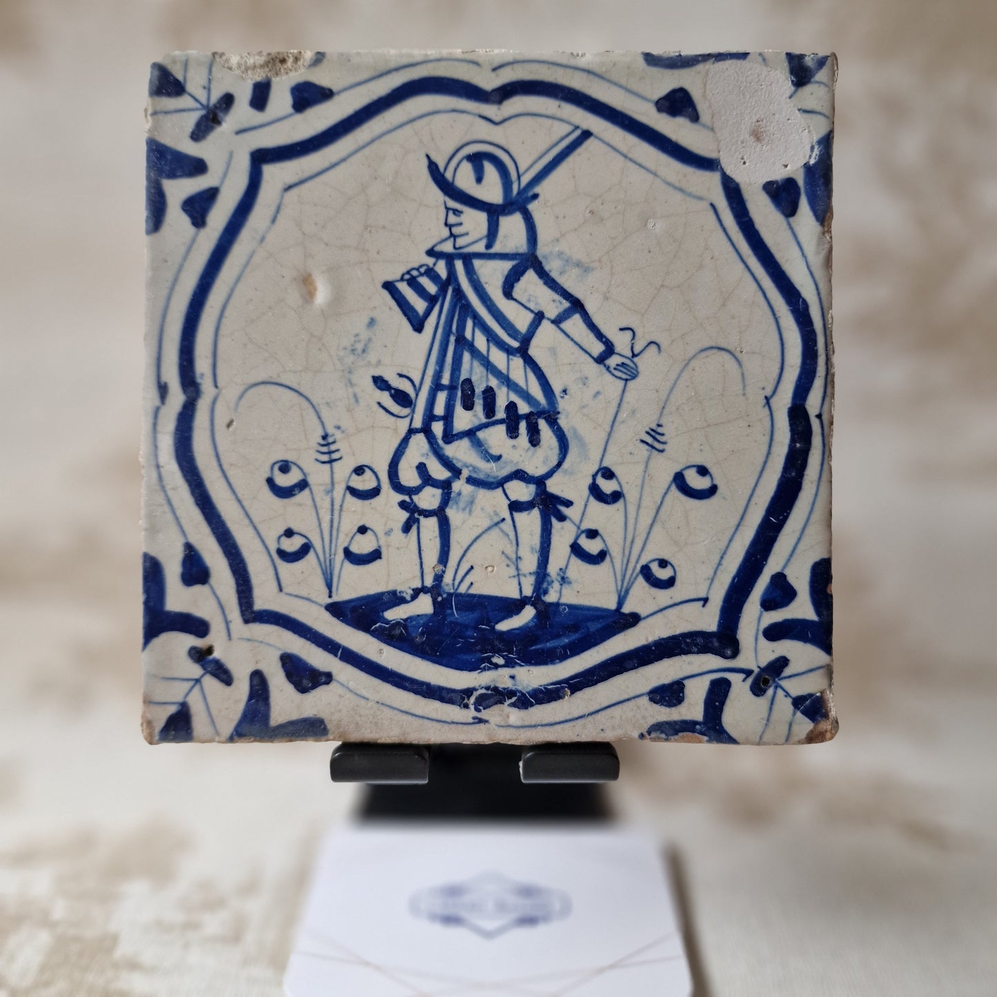 Antique Delft Blue Tile, Dutch Soldier, ca 1625