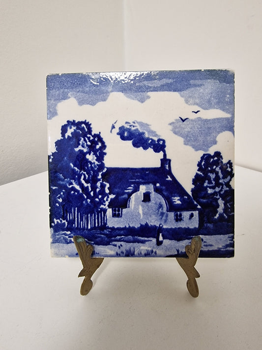 Meissen Delft Pottery Tile, Framed Dutch Art, Art Nouveau c1900