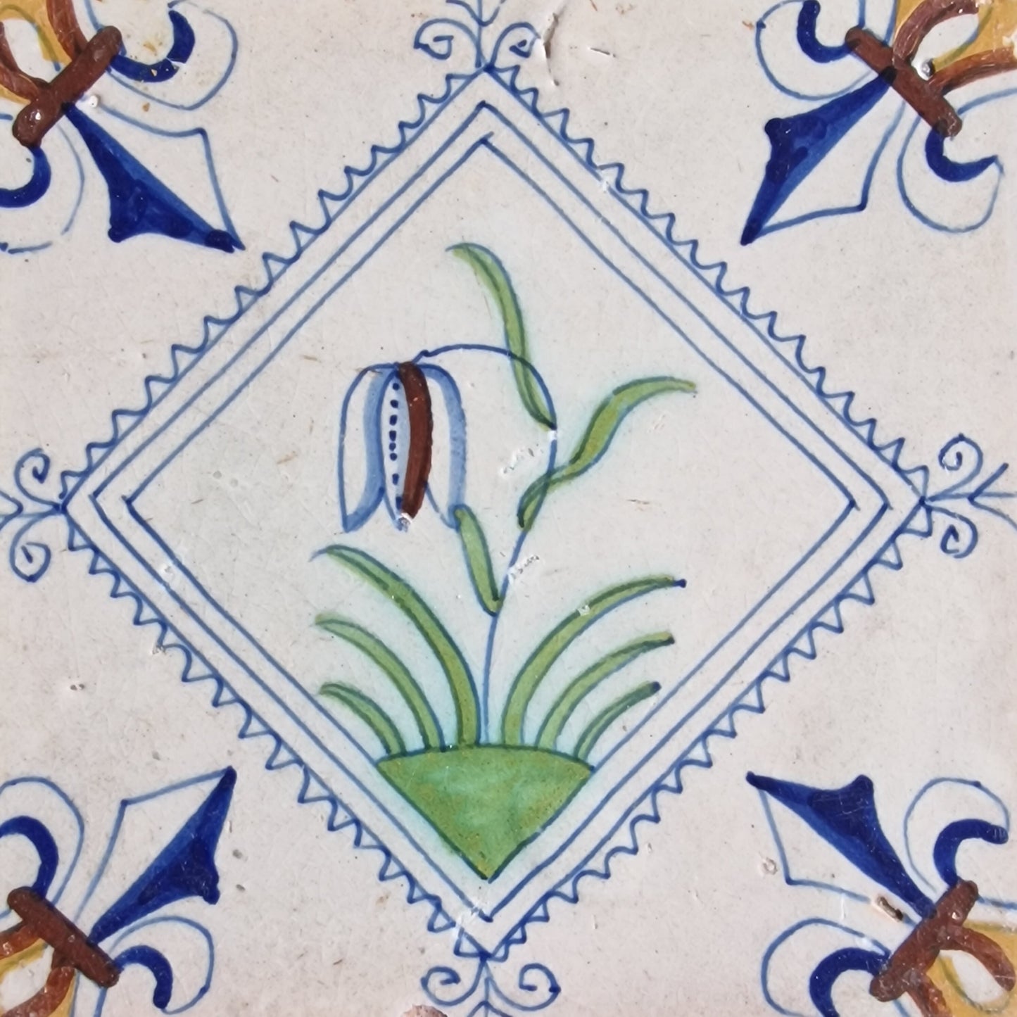 Rare Delft Tile, 17th Century Dutch Polychrome Flower