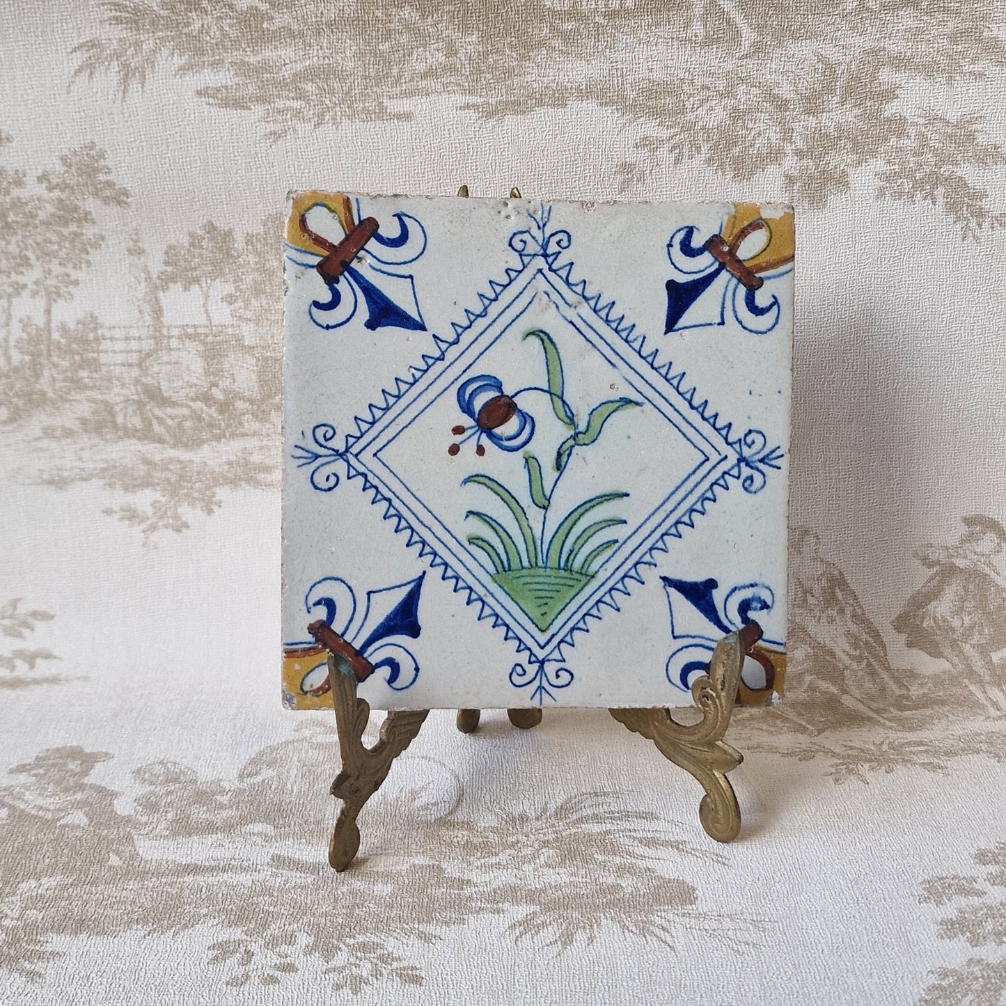 Rare Delft Tile, 17th Century Dutch Antique, Flower Stamp (13x13 cm)