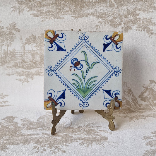 Rare Delft Tile, 17th Century Dutch Antique, Flower Stamp (13x13 cm)