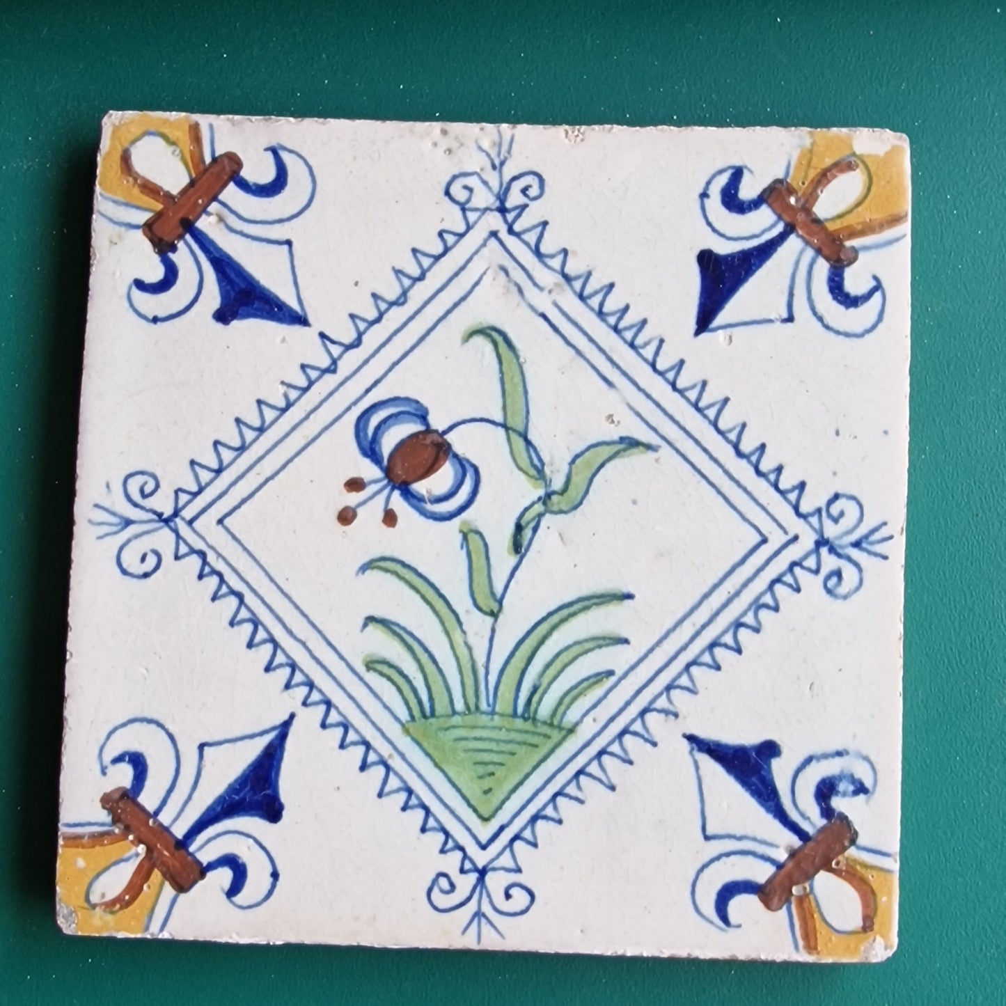 Rare Delft Tile, 17th Century Dutch Antique, Flower Stamp (13x13 cm)