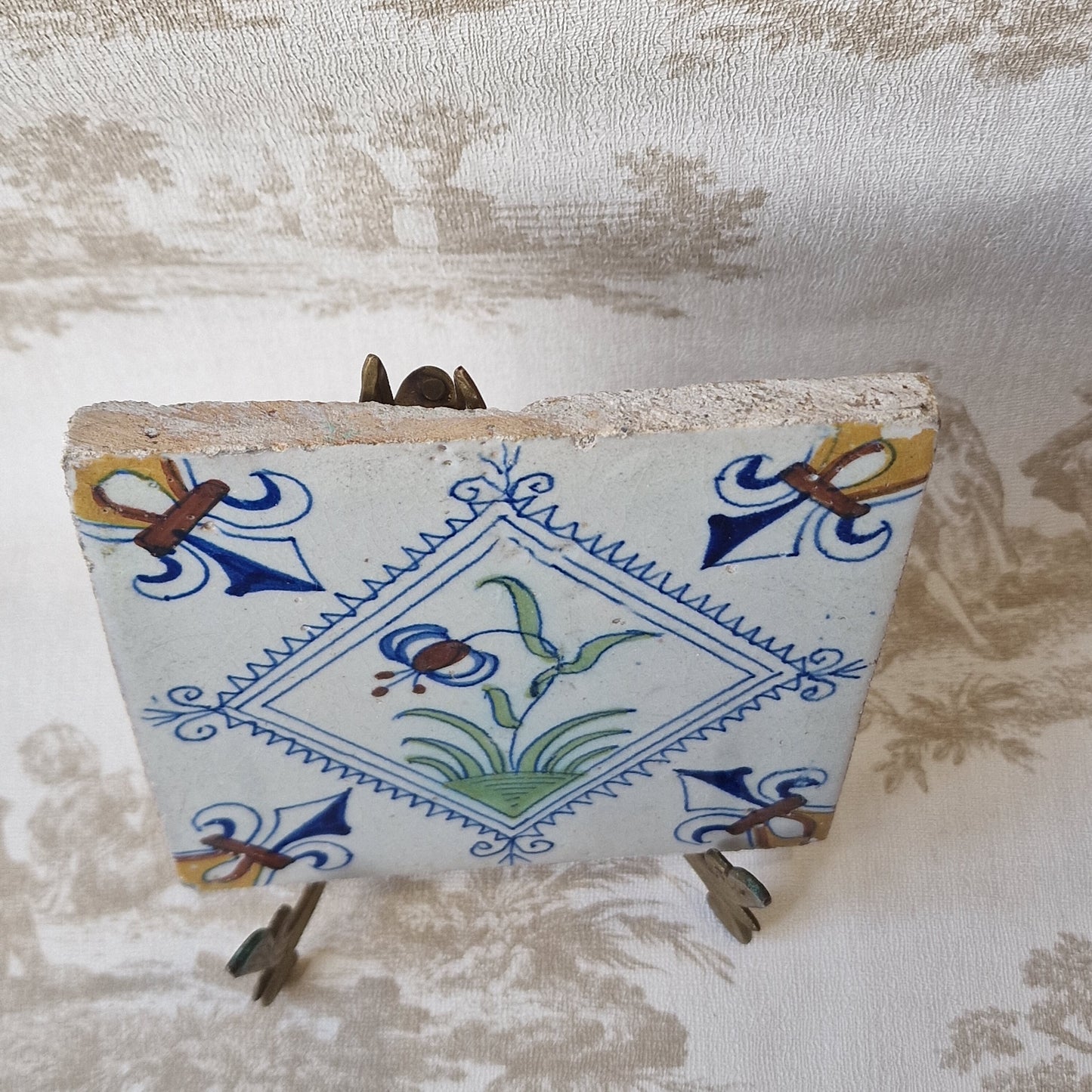 Rare Delft Tile, 17th Century Dutch Antique, Flower Stamp (13x13 cm)