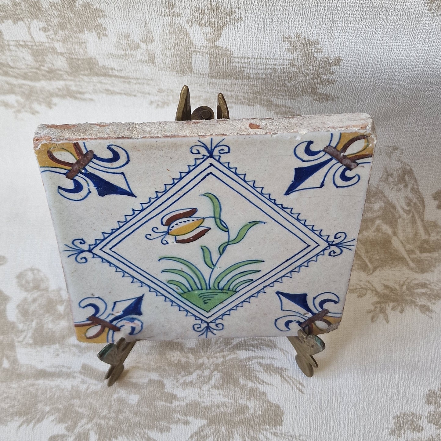Rare Delft Tile, 17th Century Dutch Polychrome Flower Stamp (13x13 cm)