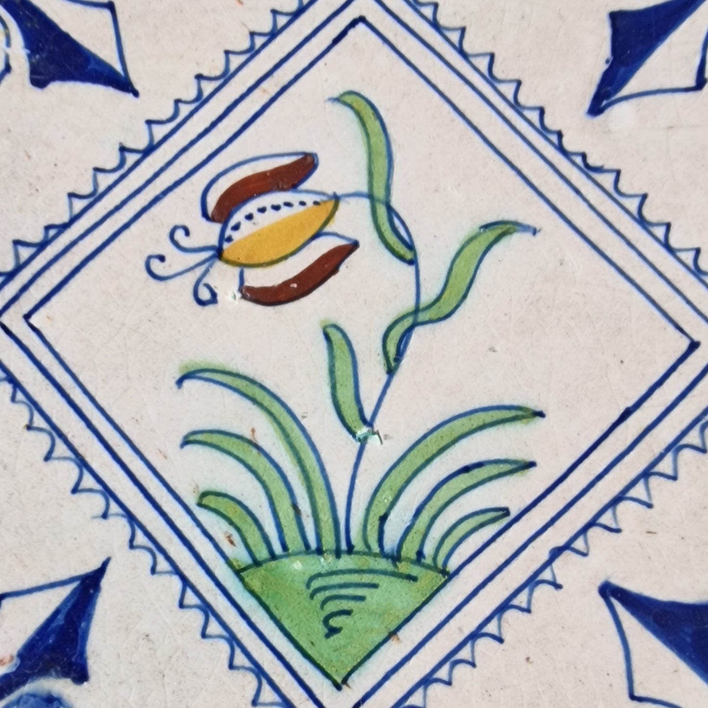 Rare Delft Tile, 17th Century Dutch Polychrome Flower Stamp (13x13 cm)