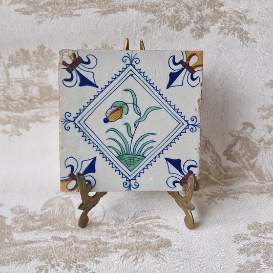 Rare Delft Tile, 17th Century Dutch Flower Stamp (13x13 cm)