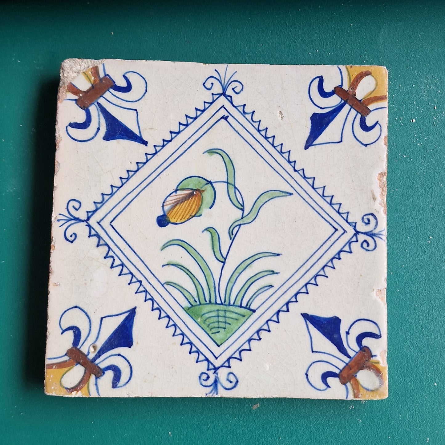 Rare Delft Tile, 17th Century Dutch Flower Stamp (13x13 cm)