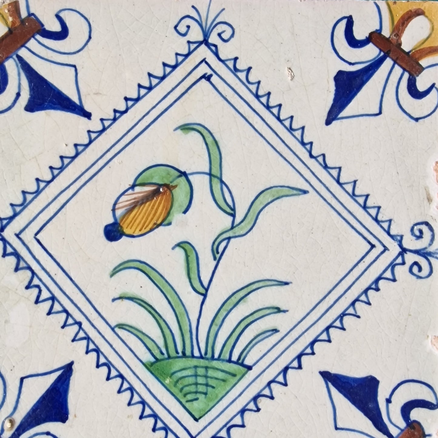 Rare Delft Tile, 17th Century Dutch Flower Stamp (13x13 cm)