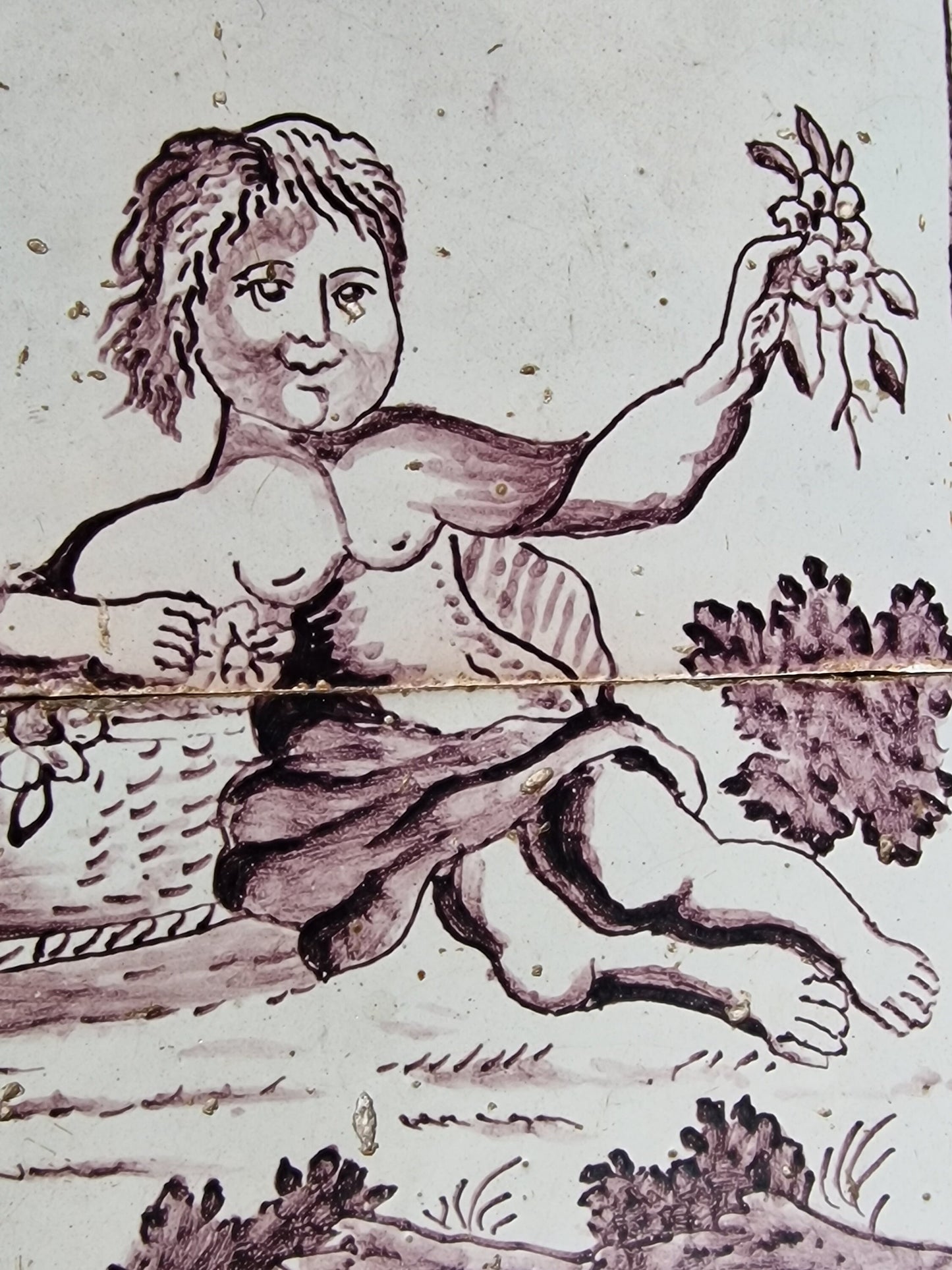 Rare 1750s Delft Tile Tableau, Dutch Manganese Goddess of Flowers