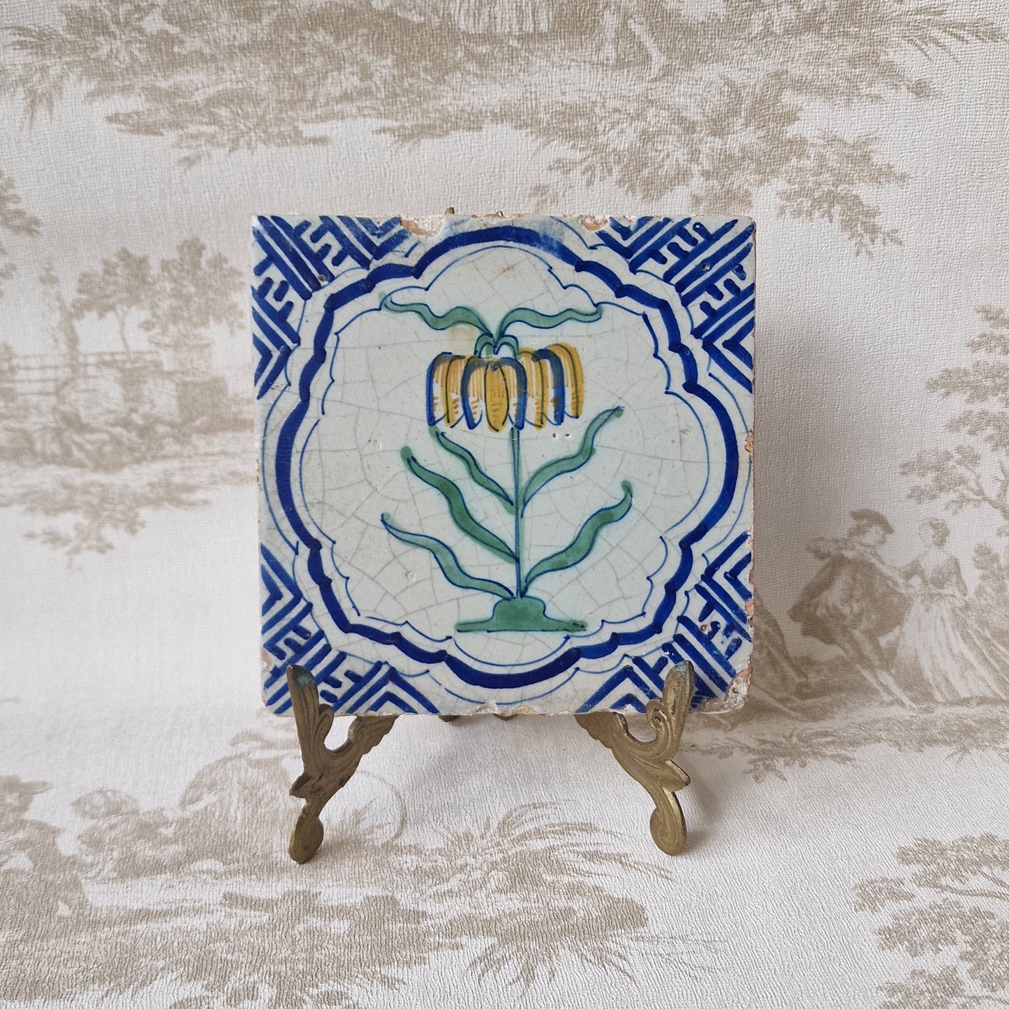Antique Dutch Delft Tile – Imperial Crown Flower, 17th Century