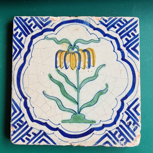 Antique Dutch Delft Tile – Imperial Crown Flower, 17th Century