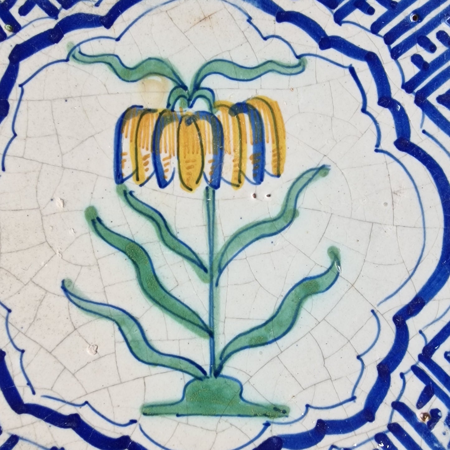 Antique Dutch Delft Tile – Imperial Crown Flower, 17th Century