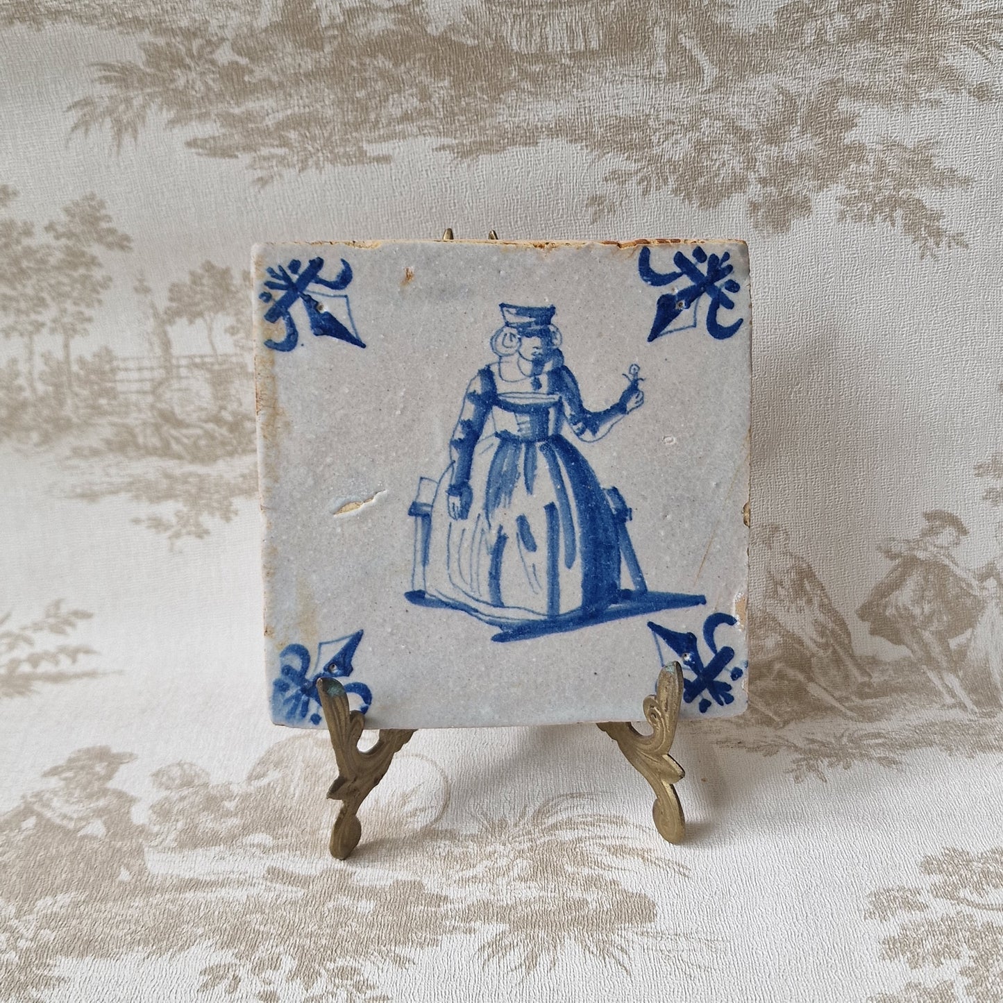 Antique Delft Tile, 17th Century Dutch Girl with Flower