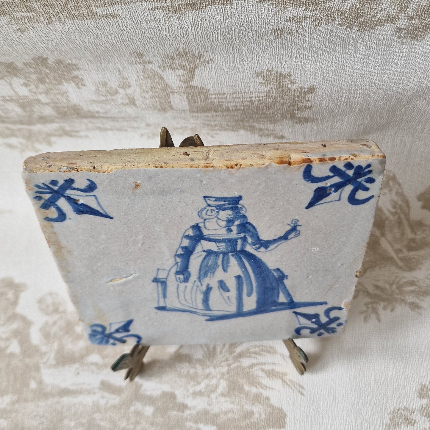 Antique Delft Tile, 17th Century Dutch Girl with Flower