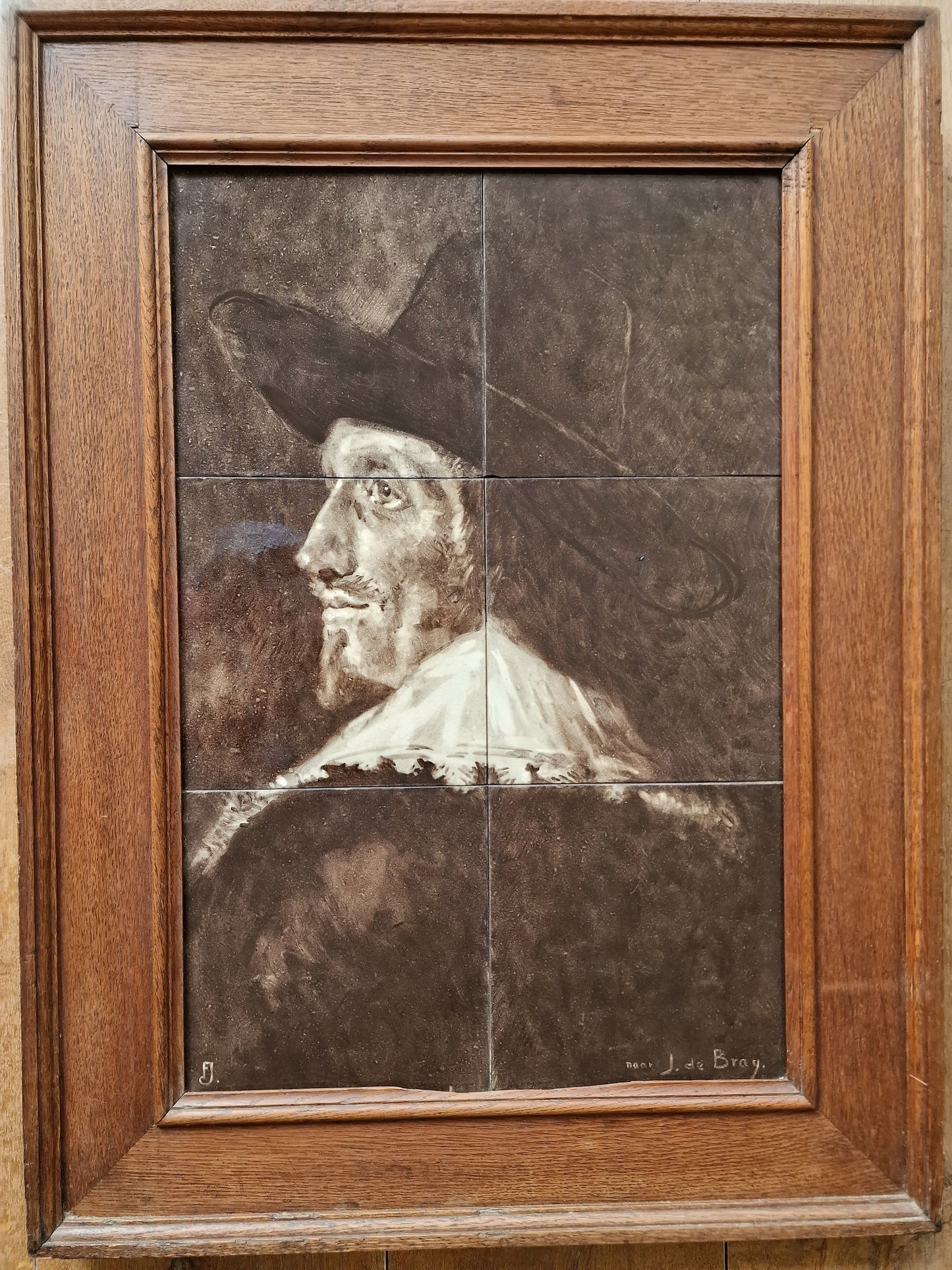 Antique Gouda Tile Tableau, J de Bray Portrait, Sepia Hand-Painted Tiles