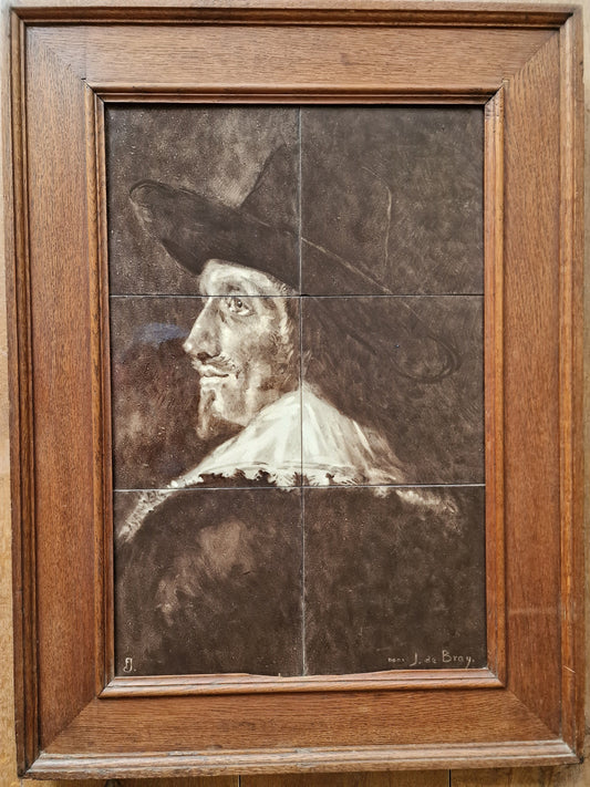 Antique Gouda Tile Tableau, J de Bray Portrait, Sepia Hand-Painted Tiles