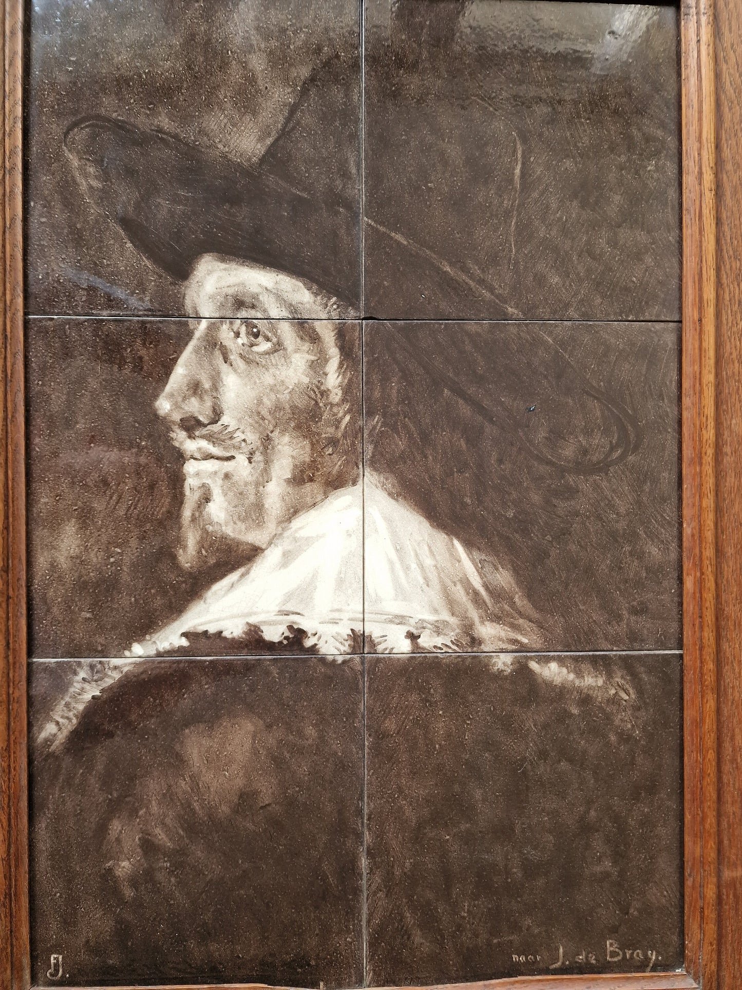 Antique Gouda Tile Tableau, J de Bray Portrait, Sepia Hand-Painted Tiles