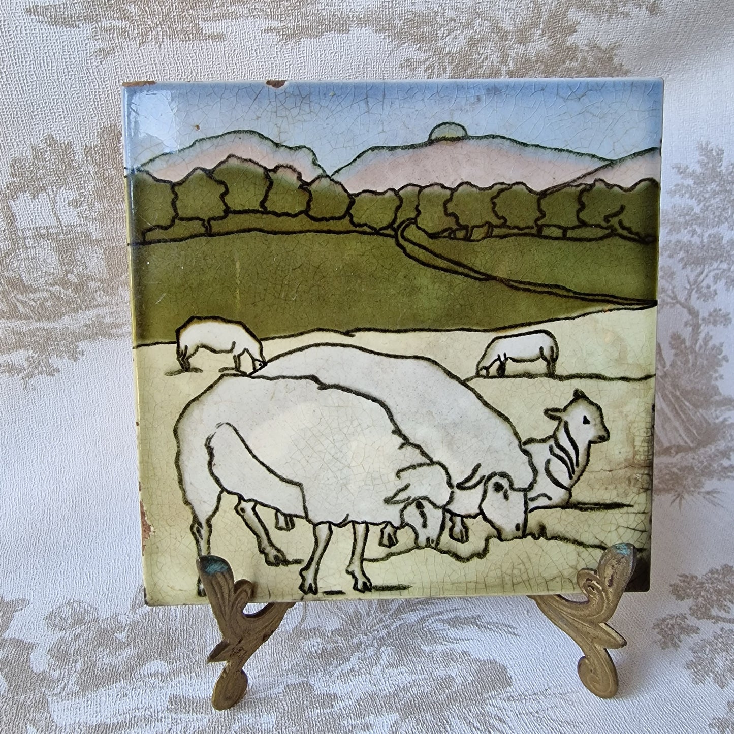 Antique Art Nouveau Tile, Boizenburg Henri Cassiers Sheep Design, c1910