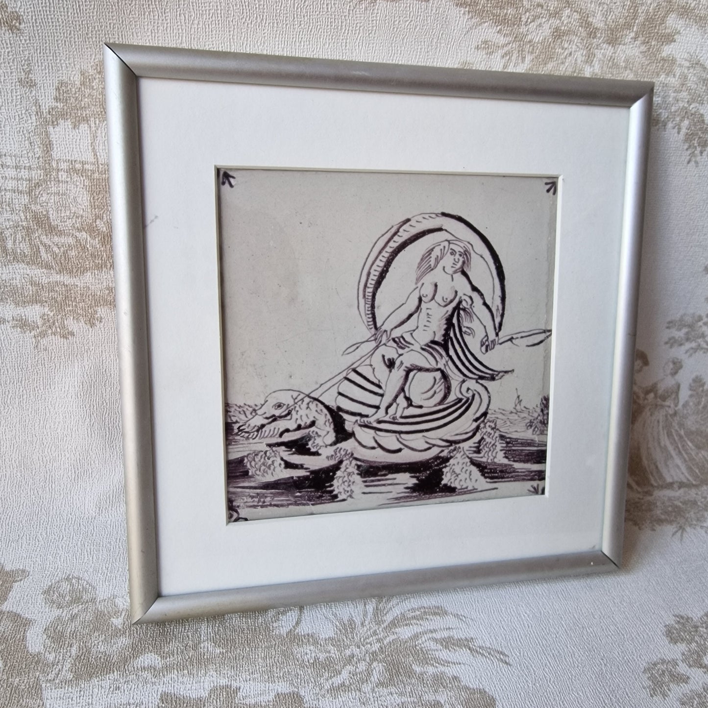 17th Century Framed Dutch Delft Tile, Fortuna Sea Creature, Manganese Painting