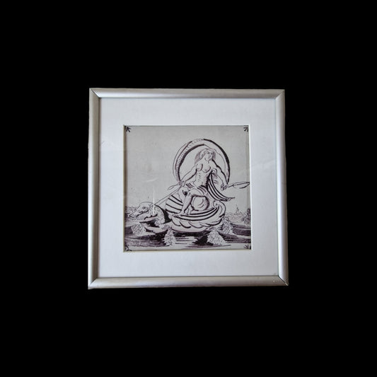 17th Century Framed Dutch Delft Tile, Fortuna Sea Creature, Manganese Painting