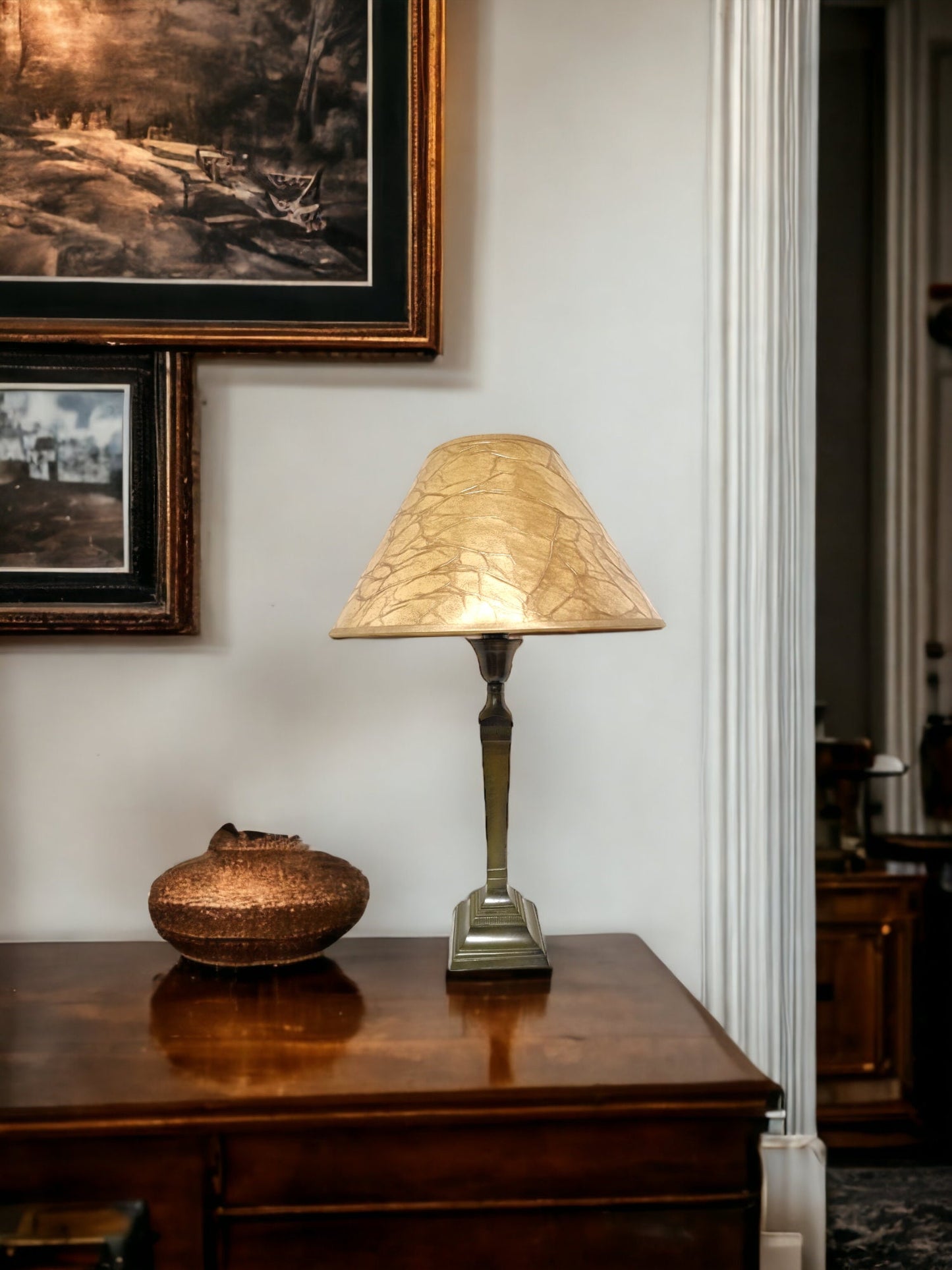 XL Dutch Design Brass Table Lamp with Silk Velvet Shade