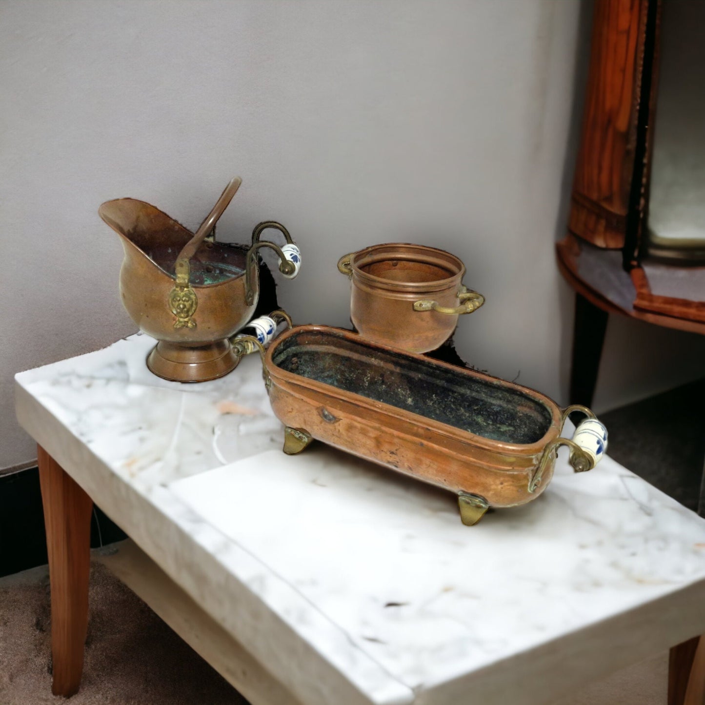 Antique Copper Jardiniere Set, Delft Porcelain Handles, Dutch Planter