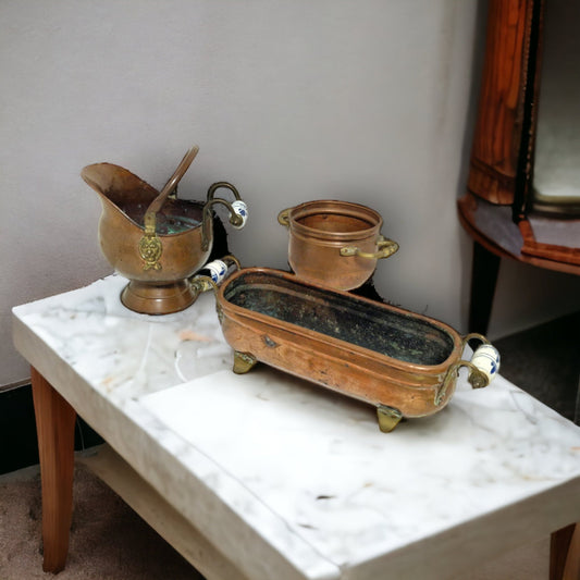 Antique Copper Jardiniere Set, Delft Porcelain Handles, Dutch Planter