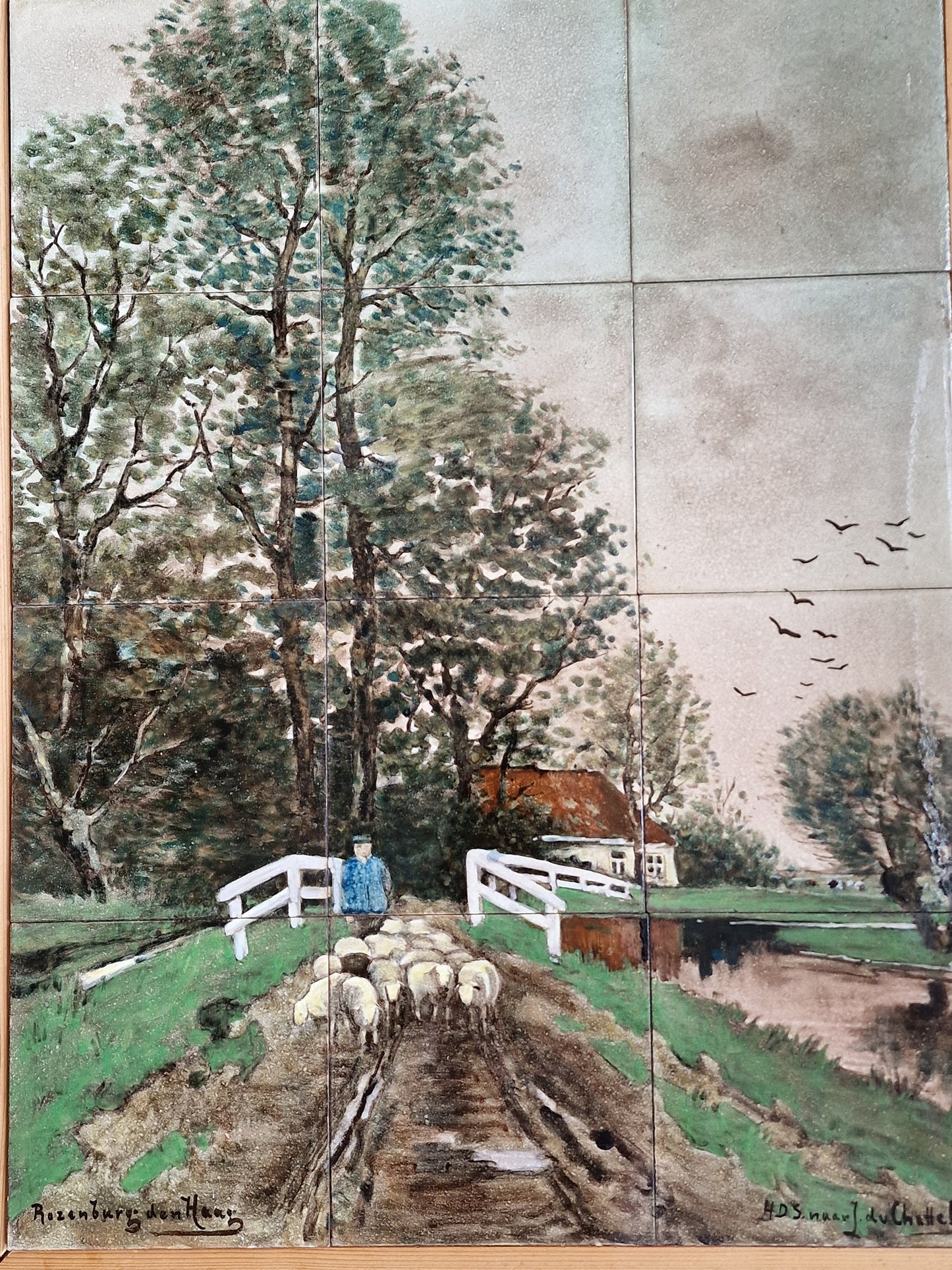 Rozenburg Hand-Painted Tile Tableau, Dutch Landscape, Framed Art c1900