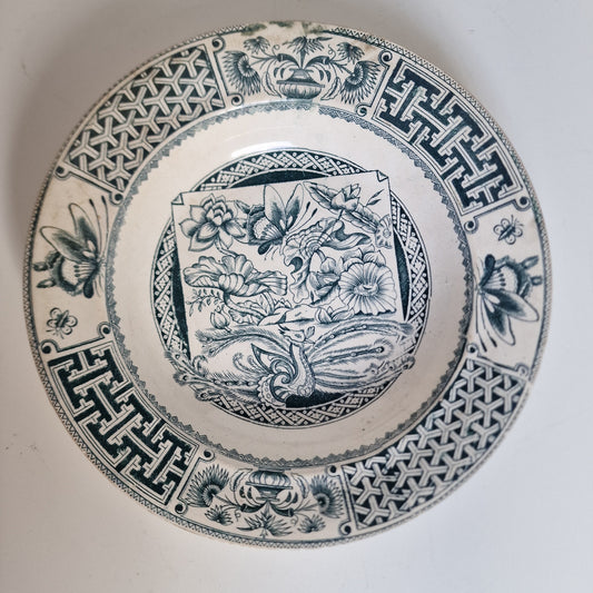 Antique Scottish Transferware Plate, Chinoiserie Peacock Dish, 1890