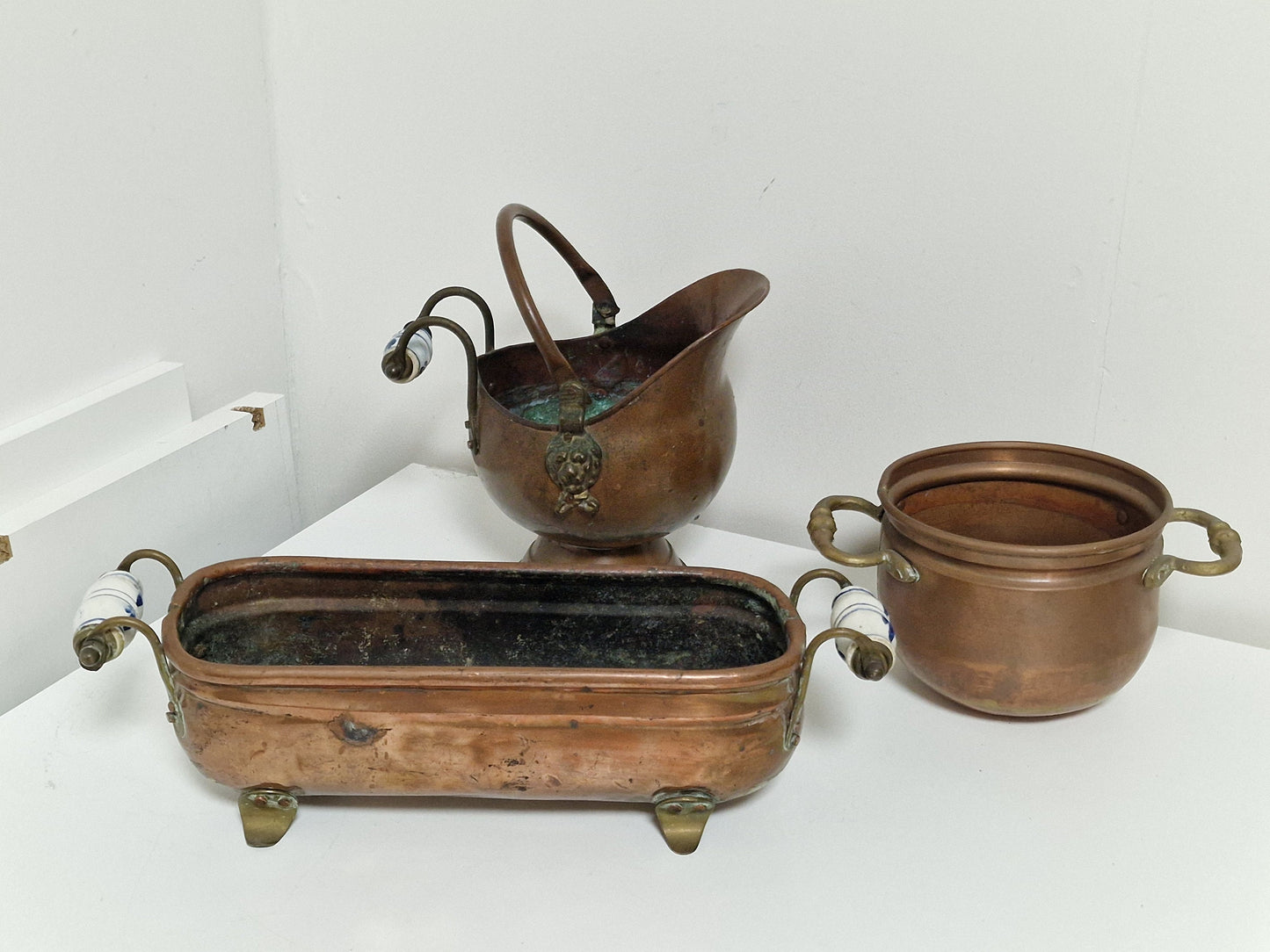 Antique Copper Jardiniere Set, Delft Porcelain Handles, Dutch Planter