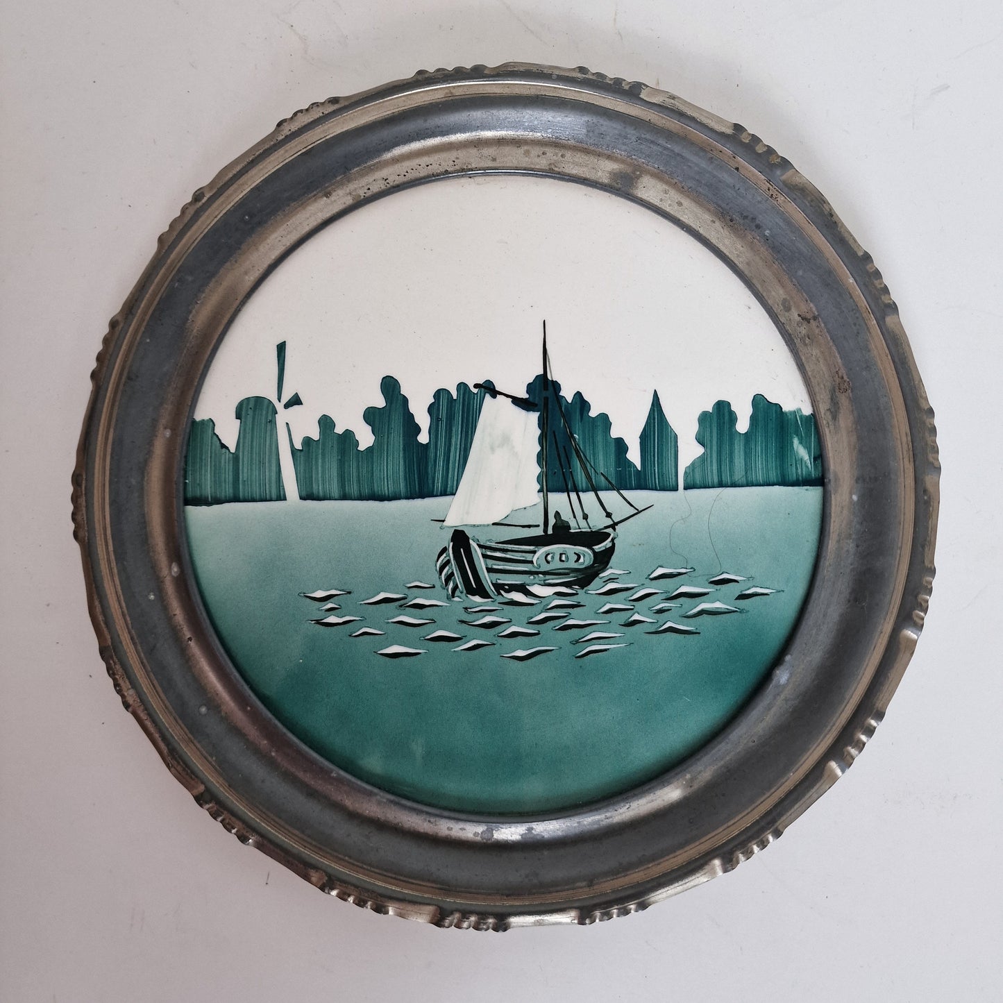 Tegel dienblad,  Art Nouveau, Nederland, met porseleinen blad en tinnen rand,