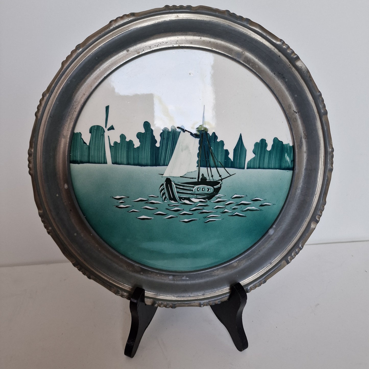 Tegel dienblad,  Art Nouveau, Nederland, met porseleinen blad en tinnen rand,