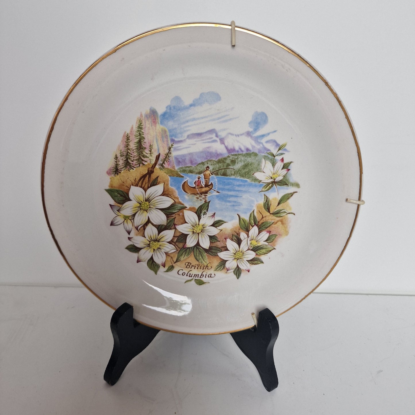 Vintage British Columbia Wall Plate, Floral Landscape, Gold Trim (22.5cm)