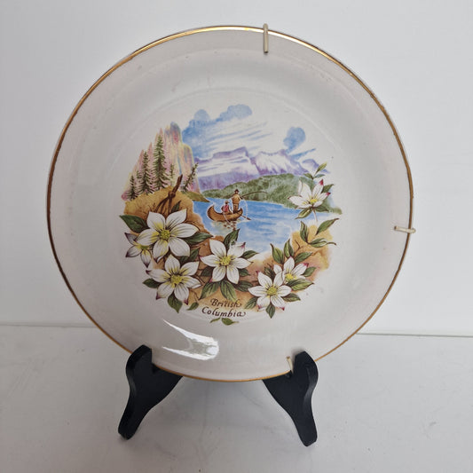 Vintage British Columbia Wall Plate, Floral Landscape, Gold Trim (22.5cm)