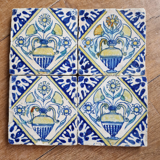 Antique Dutch Majolica Tile Set , Floral Vase, 17th Century