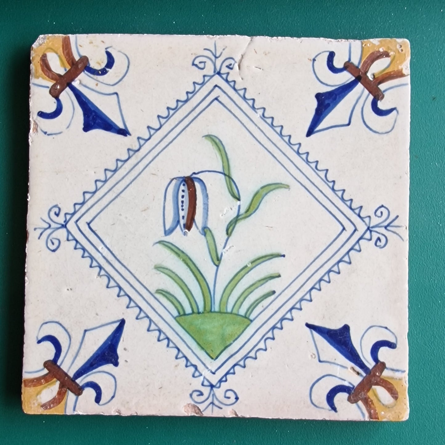 Rare Delft Tile, 17th Century Dutch Polychrome Flower