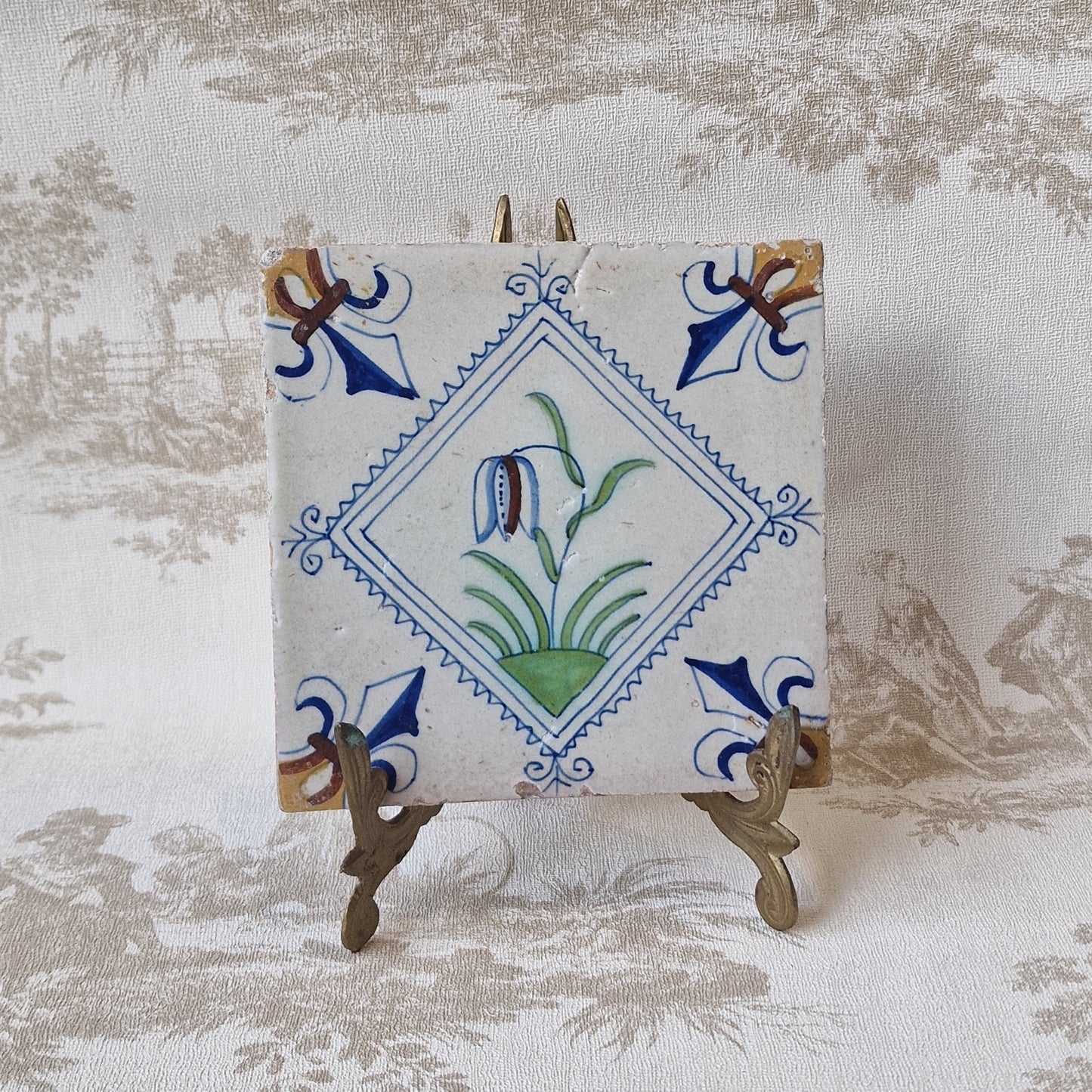 Rare Delft Tile, 17th Century Dutch Polychrome Flower