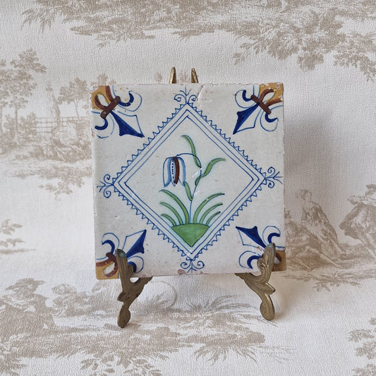 Rare Delft Tile, 17th Century Dutch Polychrome Flower