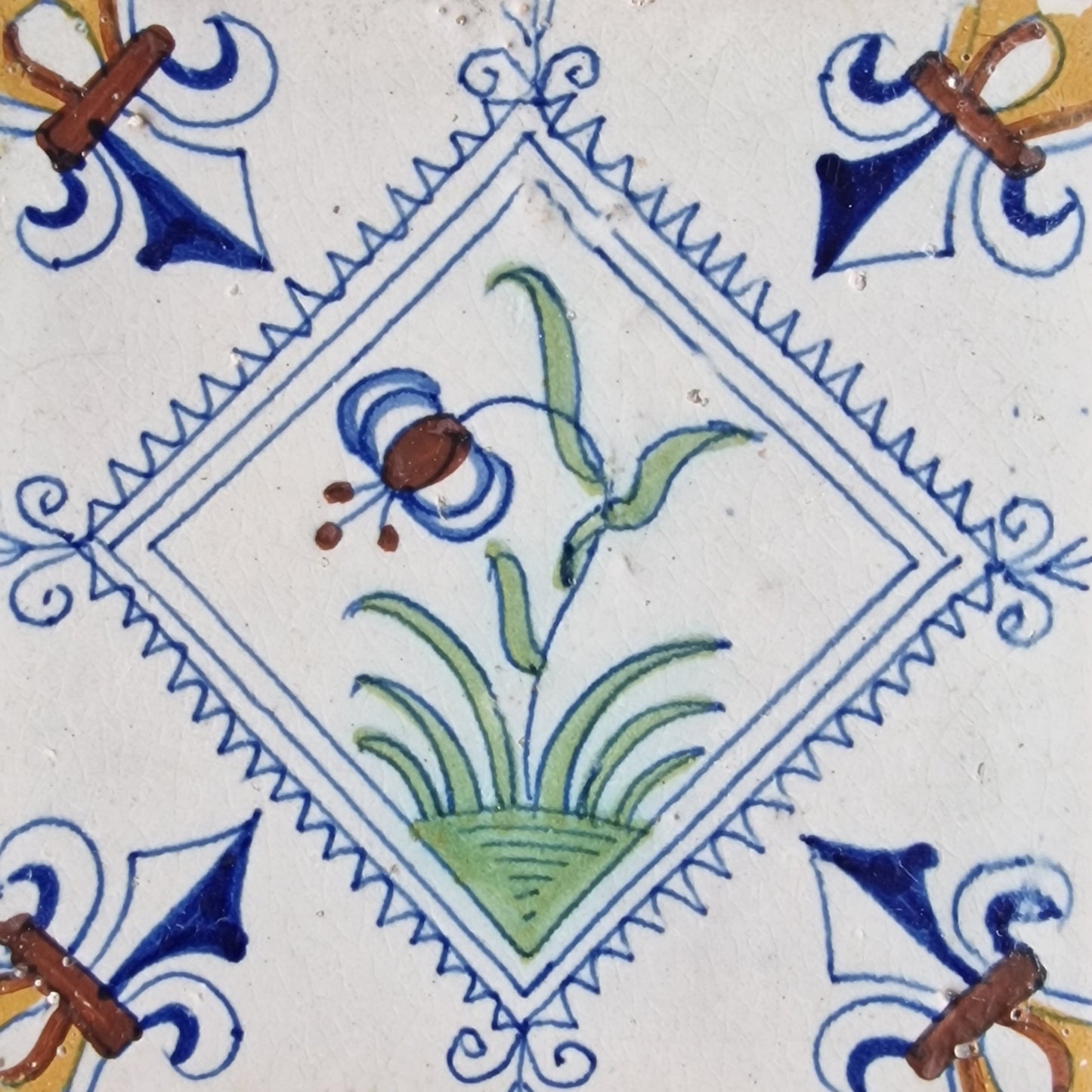 Rare Delft Tile, 17th Century Dutch Antique, Flower Stamp (13x13 cm)